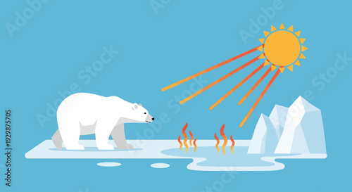 Polar bear on melting iceberg with sun rays and flames nearby in arctic landscape illustration