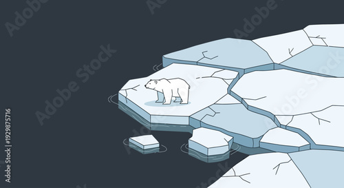 Polar bear standing on melting iceberg in arctic ocean, viewed from above the icy landscape