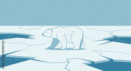Polar bear standing on melting ice floes in arctic landscape illustration from a distant viewpoint