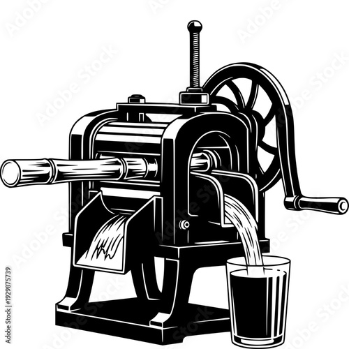 Vintage Hand-Crank Sugarcane Juicer Crushing Cane Stalks to Extract Fresh Sweet Juice into a Glass, Traditional Beverage Production Graphic