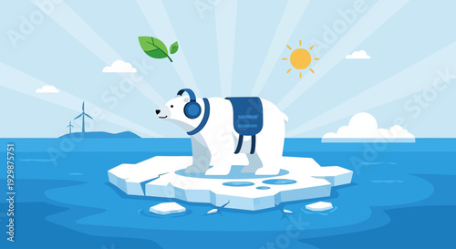 Polar bear in jacket on melting iceberg with wind turbines in the distance