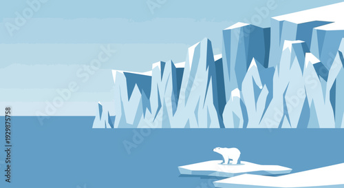 A polar bear stands on a small iceberg floating in the icy blue waters near a glacier