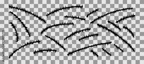 Multiple spiked curved line segments with sharp peaks as geometric stroke elements for modern graphic design