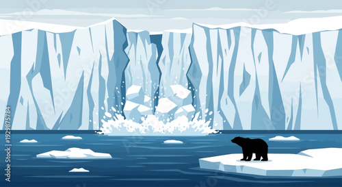 A lone bear stands on an iceberg floating in the arctic waters near a glacier