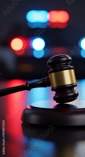 Gavel and police lights: justice and courtroom imagery