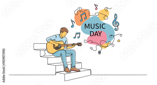Vector illustration of a man playing guitar on stairs for Music Day
