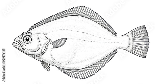 Flounder Fish Illustration: Detailed Line Drawing on White Background