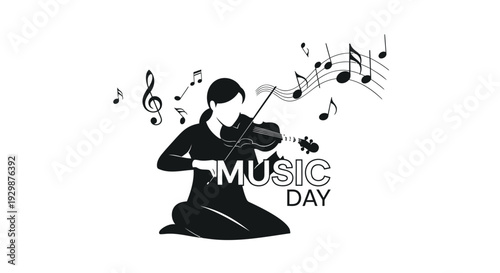 Vector illustration of woman playing violin on Music Day with musical notes