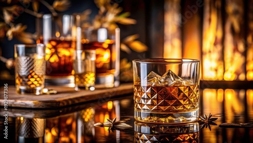 A photo of amberhued Japanese whisky in a fine glass, elegant, refined, luxury, craftsmanship, alcohol, beverage, cocktail, dram, vintage, premium, di