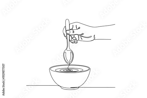 Single Line Drawing of a Hand Stirring a Bowl with a Spoon, Symbolizing Cooking or Tasting