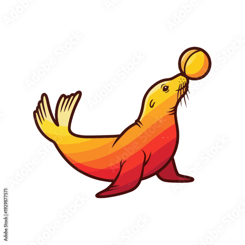 Circus Seal Balancing Ball on Nose, Cartoon Style, Vibrant Colors