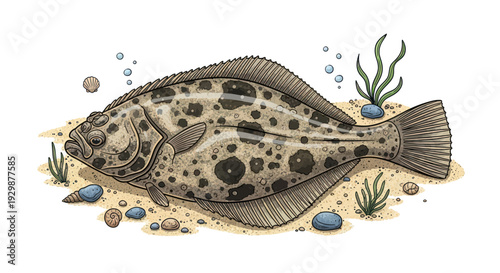 Flatfish Illustration: Detailed Drawing of a Flounder on Sandy Seabed