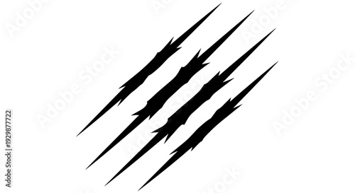 A graphic illustration of four sharp, black claw marks scratched diagonally across a white background, suggesting aggression or damage.