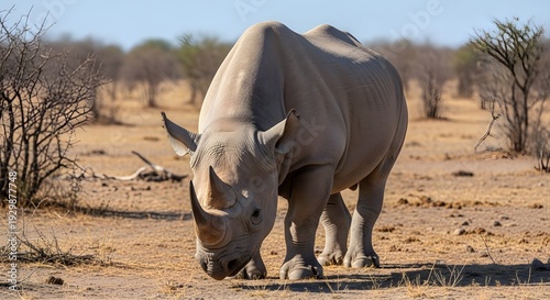 Rhino grazing in the dry savanna landscape under clear skies