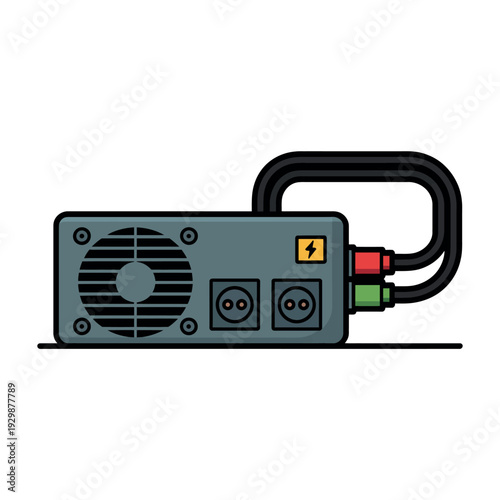 A cartoon image of a power supply unit with a black cord and electrical outlets on a white background