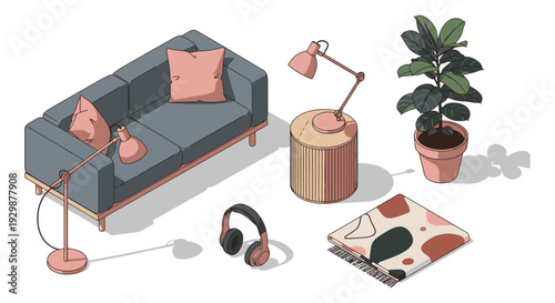 living room interior with sofa, plant, lamp, headphones, and magazine