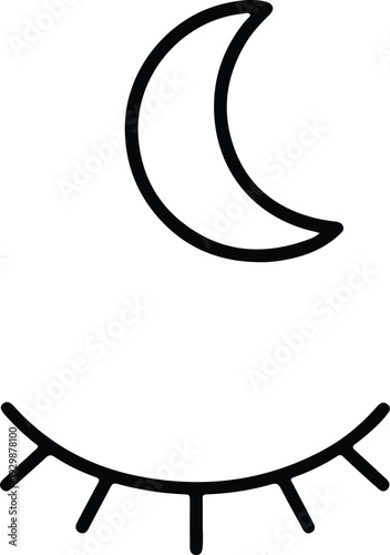 Minimalist black line art of a crescent moon above a closed eye with eyelashes, simple doodle icon representing sleep, night, or dreams