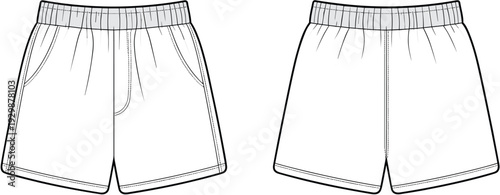 Black and white line of two pairs of athletic shorts with elastic waistbands and side seams line elastic waistband