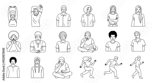 people practicing various meditation and yoga poses line icons