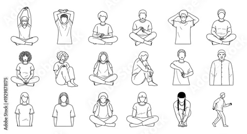 yoga poses people meditation sitting various emotions line art