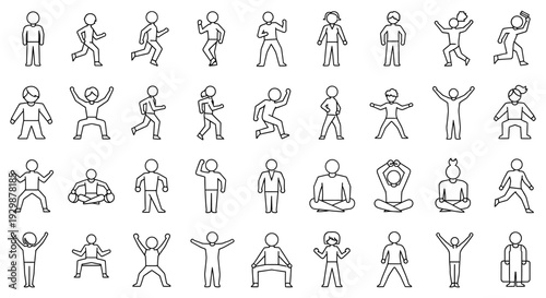 stick figures doing various yoga poses and exercises in different styles