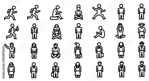 people icons set with various actions and poses in black outline style for design