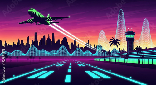 Airplane taking off at the airport at night in rhythm with the traffic: laser beams in acid green and electric blue draw a vector illustration in the air, synthwave vibe.