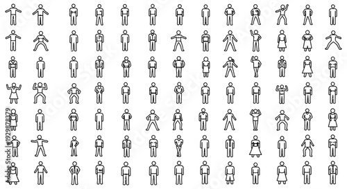 stick figure people icons set in various poses and actions