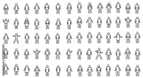 people icons set with various poses and actions in black and white