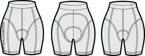 Three black and white line of different styles of men's swim briefs with detailed stitching patterns
