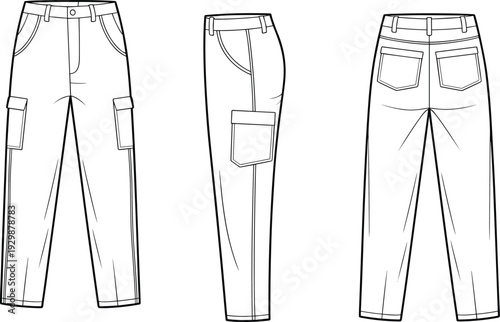 Three Different Styles of Pants with Pockets and Belts Illustrated in Black and White Line trousers