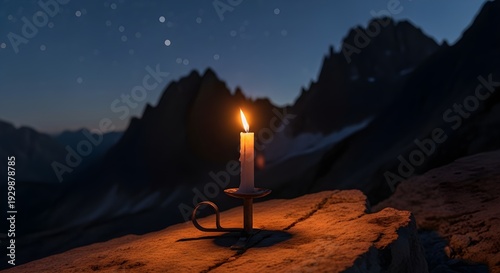 A lone candle stands illuminated against a starry mountain night backdrop.