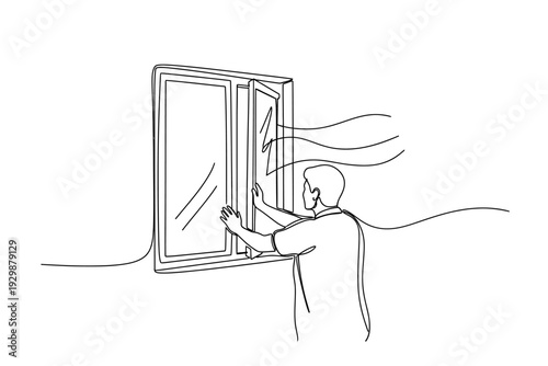 Continuous Line Drawing of a Man Opening a Window for Fresh Air Ventilation