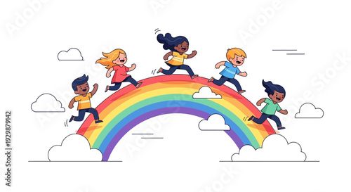 Colorful illustration of diverse children running on a rainbow on International Day of Happiness with a joyful theme.