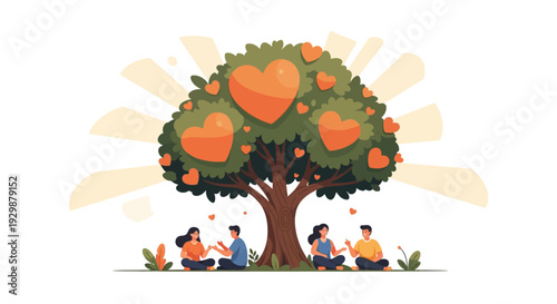 Vector illustration of a diverse family and children sitting under a tree with hearts on International Day of Happiness, conveying happiness and joy in a colorful design.
