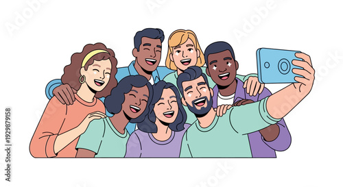 A diverse group of people taking a selfie on International Day of Happiness with colorful illustration style conveying happiness and togetherness in a joyful event.