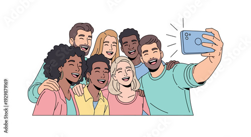 Illustration of a diverse group of people taking a selfie on International Day of Happiness with colorful design elements.