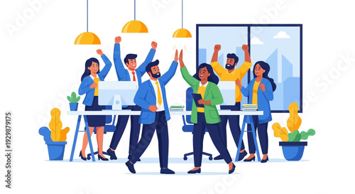 A colorful illustration of diverse people celebrating in an office setting on World Happiness Day with a joyful mood and lively atmosphere.