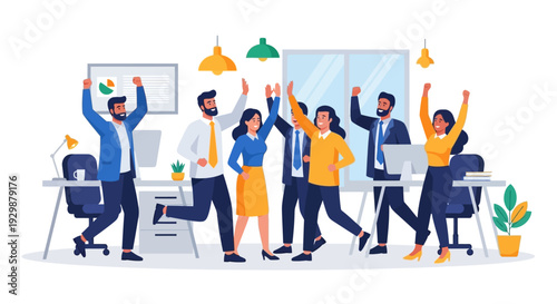 A diverse group of businesspeople celebrating International Day of Happiness in a colorful office setting with joyful expressions and raised arms.