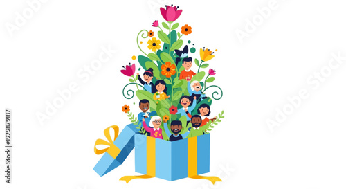 Colorful illustration of a gift box with a bow and diverse people emerging from a bouquet of flowers, celebrating International Day of Happiness and World Happiness Day.