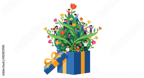 Colorful illustration of a gift box with a vibrant bouquet of flowers for World Happiness Day and International Day of Happiness celebration with a joyful theme