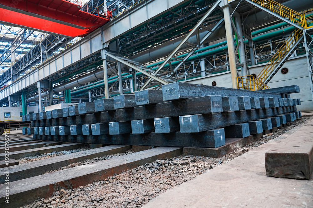 Naklejka premium The steel billets in the rolling mill are neatly arranged together