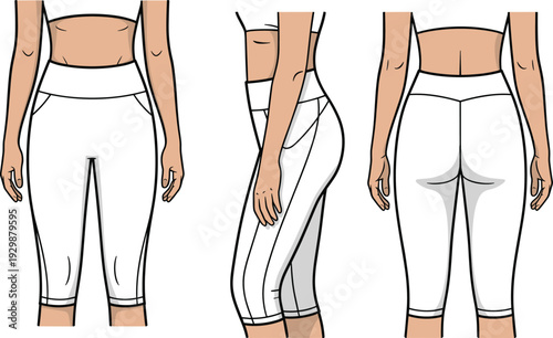 Three views of a person wearing white high-waisted leggings with black accents
