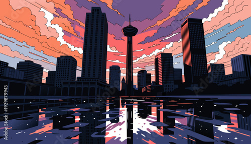 Silhouetted Downtown Skyline and Observation Tower Reflected in Wet Pavement Under Vivid Sunset Cloudscape san antonio skyline