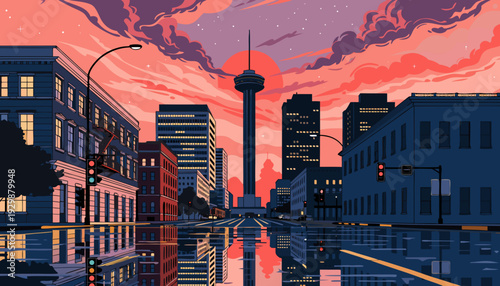 Pixel Art Cityscape View of Tall Communication Tower at Vibrant Sunset Reflection on Wet Downtown Street san antonio skyline
