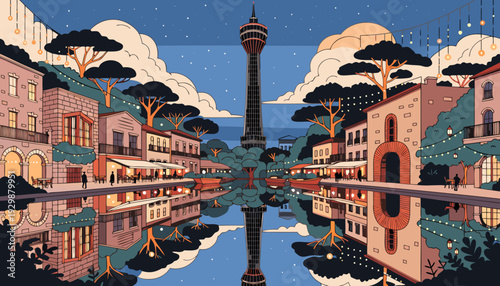 Symmetrical Nighttime Canal Scene Featuring Tall Observation Tower and Quaint Riverside Architecture Reflection san antonio skyline