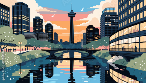 Modern Cityscape Silhouette Over Water Channel With Landmark Tower During Sunset Sky Colors san antonio skyline