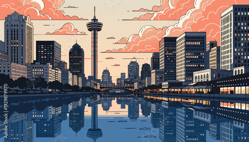 Modern Cityscape Skyline Reflection Over Calm Water During Sunset With Tall Observation Tower Prominence san antonio skyline