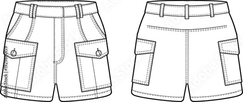 Two pairs of cargo shorts with multiple pockets and belt loops in a minimalist line style line black and white