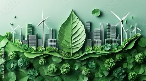 Sustainable Green City Concept with Renewable Energy, Wind Turbines and Eco Friendly Urban Design